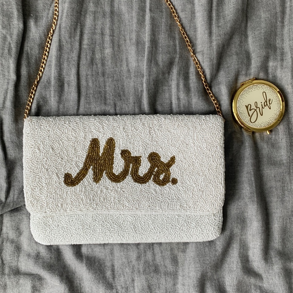 White 'Mrs.' Beaded Crossbody Bag with Gold Script